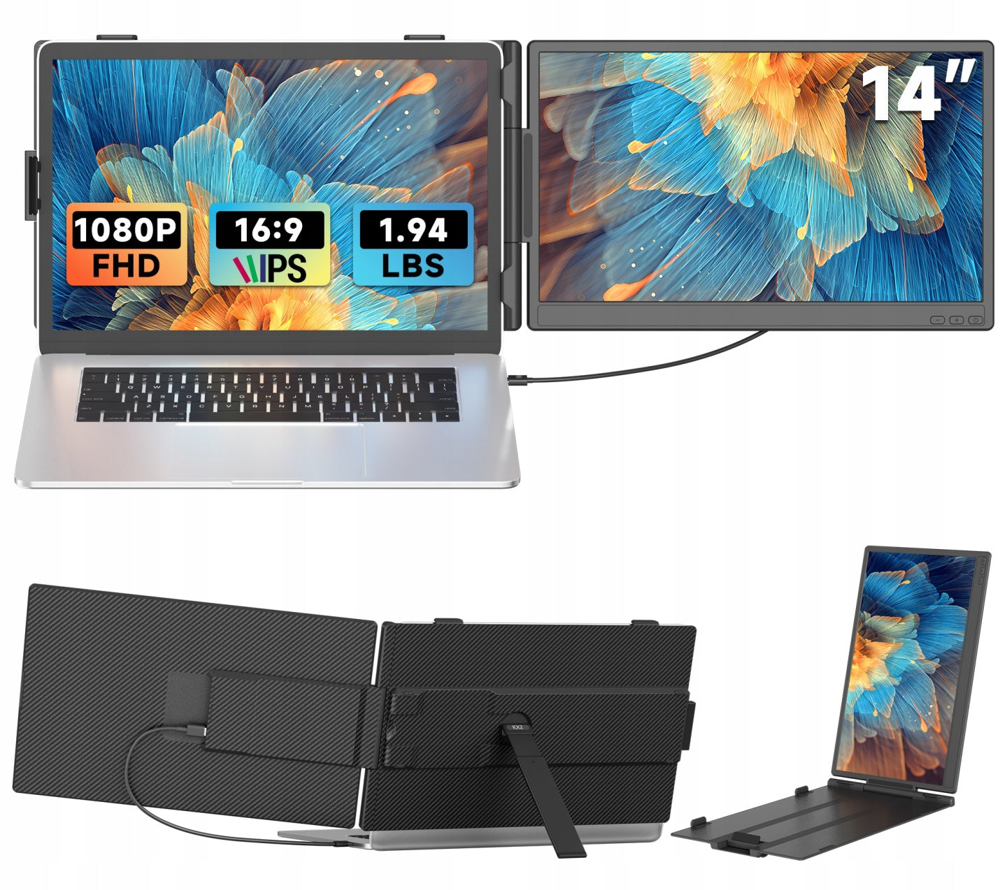 Monitor przenośny do laptopa 14 FHD IPS, rozszerzenie ekranu przez USB-C i HDMI