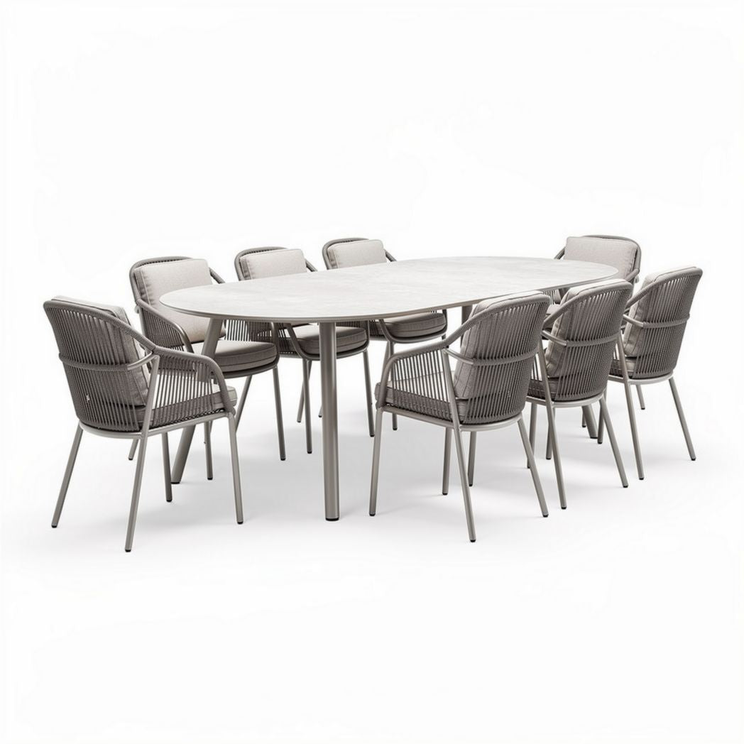 Stół ogrodowy okrągły z 10 krzesłami aluminiowymi i tekstylnymi 200 x 100 x 75cm szary